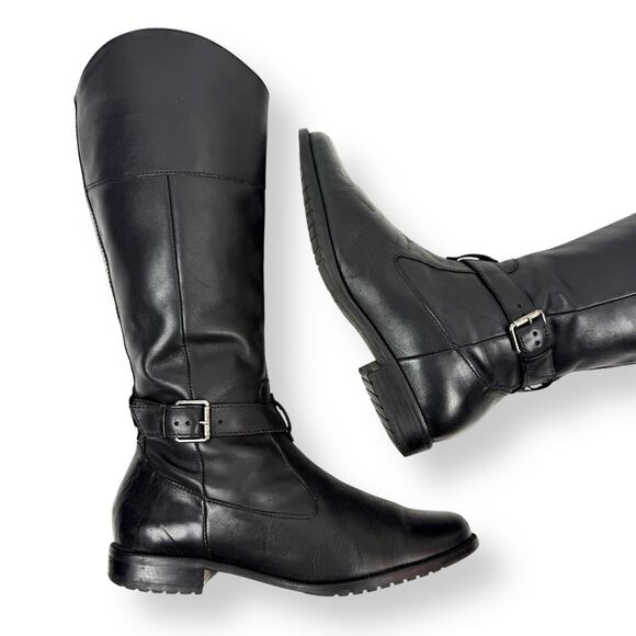 Vintage LL BEAN black leather tall equestrian boots with buckle trim - Picture 1 of 16